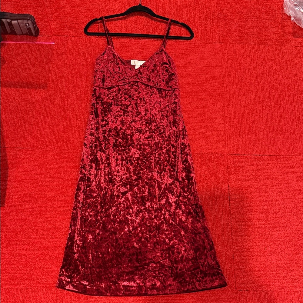 Michael Kors Deep Red Crushed Velvet Midi Slip Dress